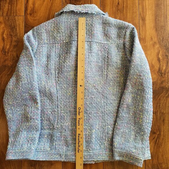 Womens Tweed Button Front Jacket Coat Blue Multi Fringe Trim Textured Chic Sm-M - Picture 5 of 10